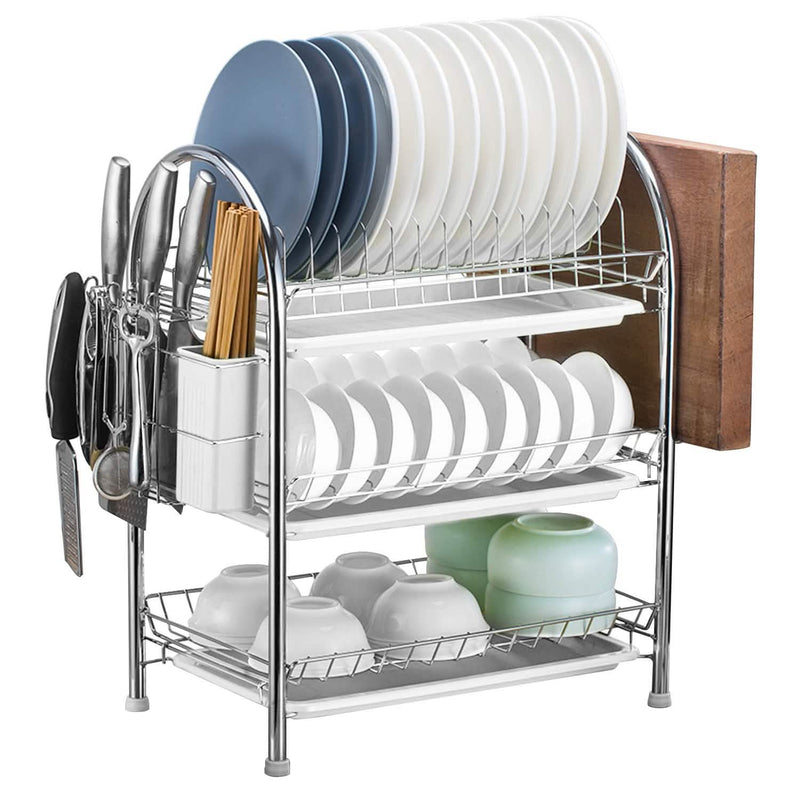 3-Tier Dish Drying Rack Shelf with 3 Drain Trays Chopping Board Kitchen Storage - DailySale