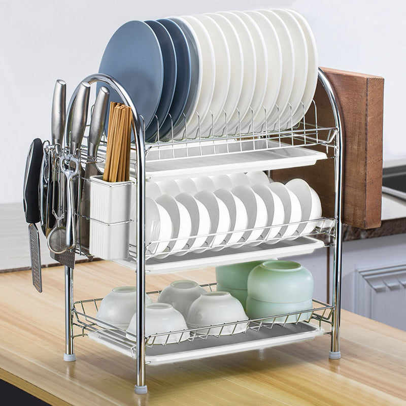 3-Tier Dish Drying Rack Shelf with 3 Drain Trays Chopping Board Kitchen Storage - DailySale