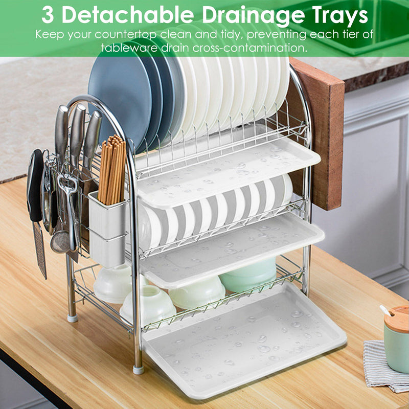 3-Tier Dish Drying Rack Shelf with 3 Drain Trays Chopping Board Kitchen Storage - DailySale