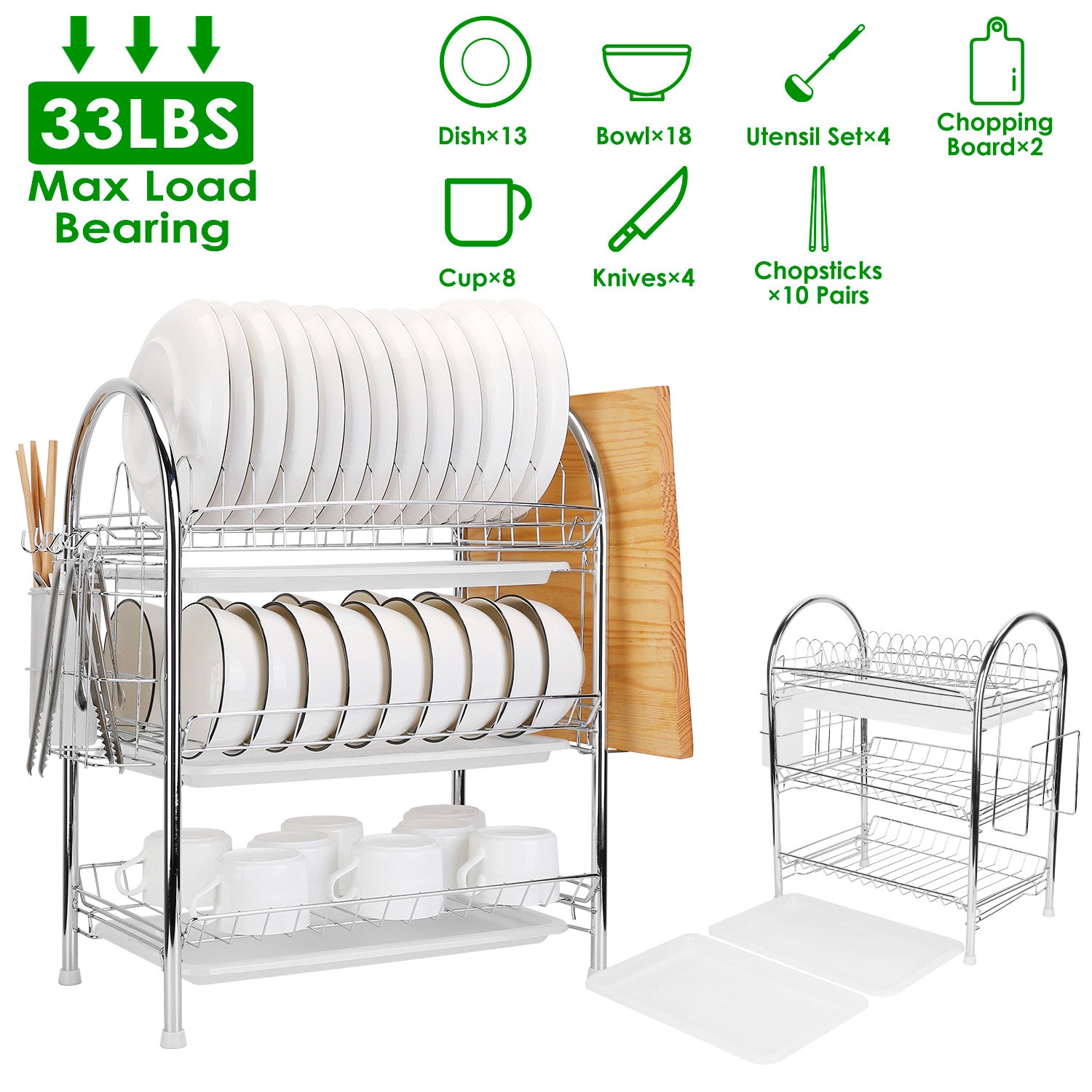 3-Tier Dish Drying Rack Shelf with 3 Drain Trays Chopping Board Kitchen Storage - DailySale