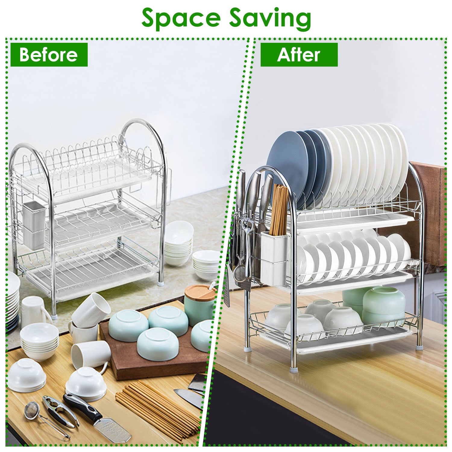 3-Tier Dish Drying Rack Shelf with 3 Drain Trays Chopping Board Kitchen Storage - DailySale