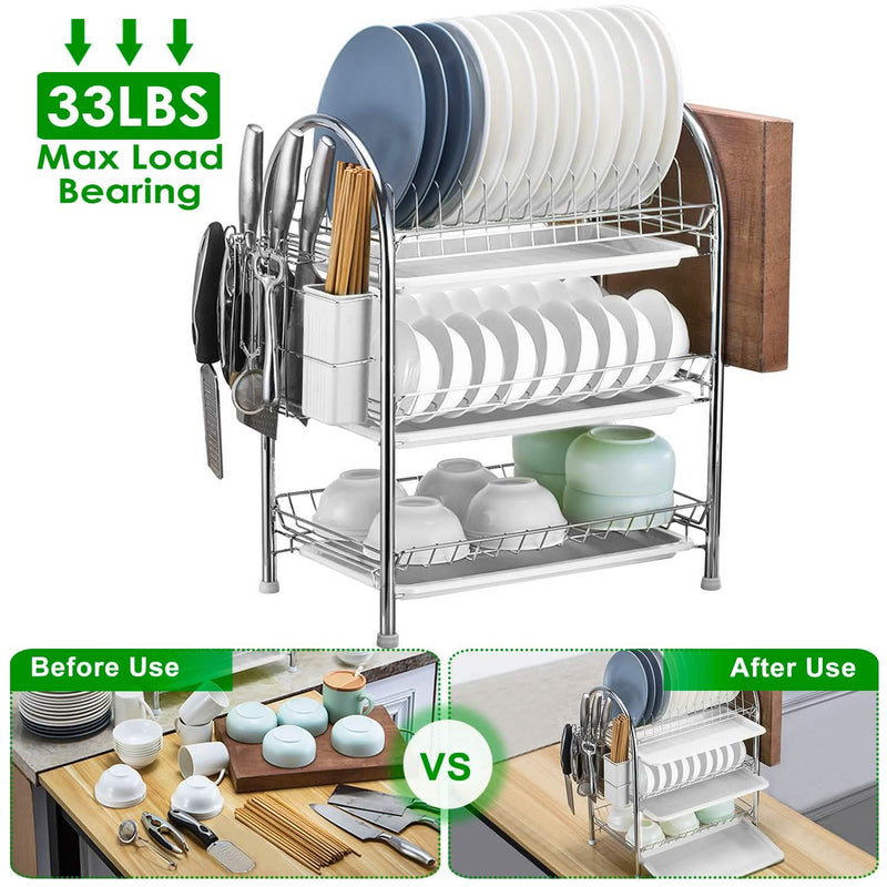 3-Tier Dish Drying Rack Shelf with 3 Drain Trays Chopping Board Kitchen Storage - DailySale