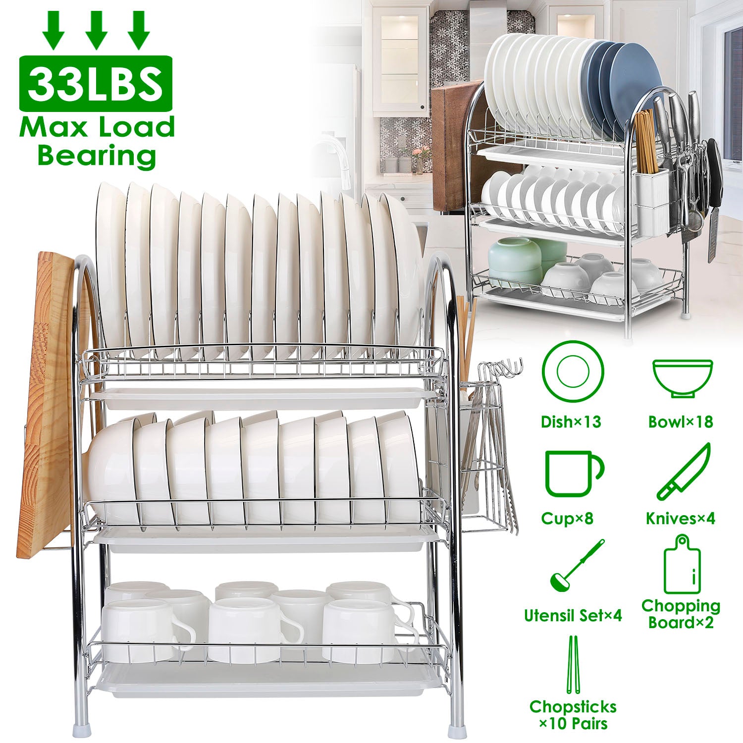 3-Tier Dish Drying Rack Shelf with 3 Drain Trays Chopping Board Kitchen Storage - DailySale