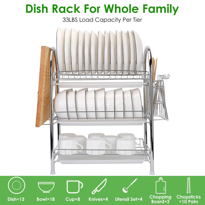 3-Tier Dish Drying Rack Shelf with 3 Drain Trays Chopping Board Kitchen Storage - DailySale