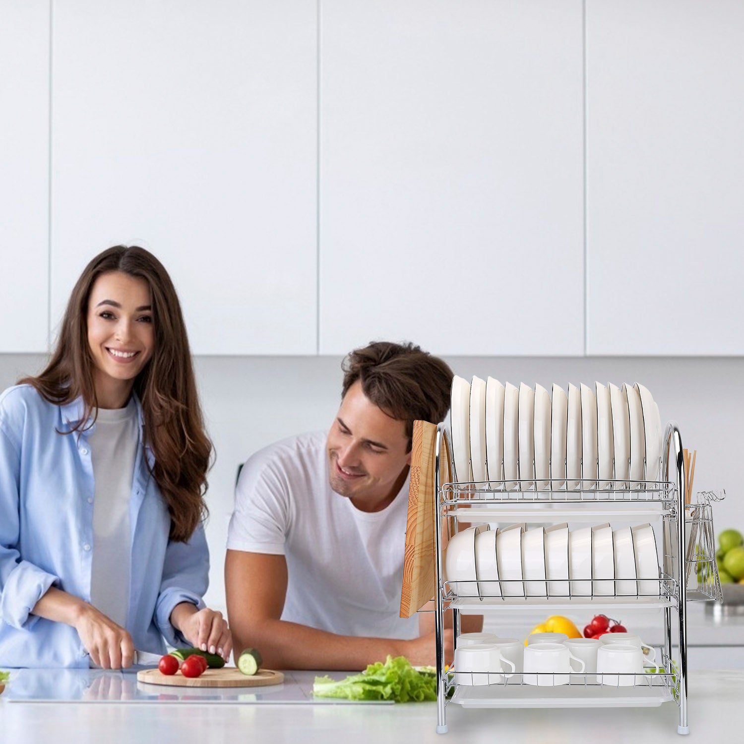 3-Tier Dish Drying Rack Shelf with 3 Drain Trays Chopping Board Kitchen Storage - DailySale