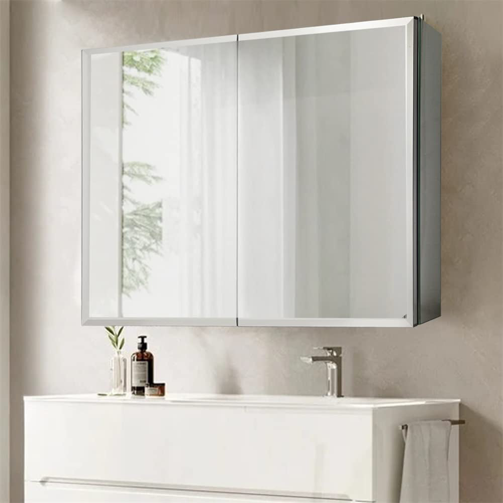 30" W X 26" H Aluminum Bathroom Mirror Medicine Cabinet with Dual Mirrors Bath - DailySale