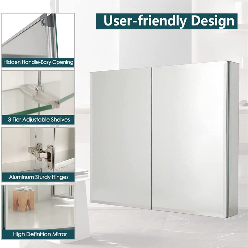 30" W X 26" H Aluminum Bathroom Mirror Medicine Cabinet with Dual Mirrors Bath - DailySale
