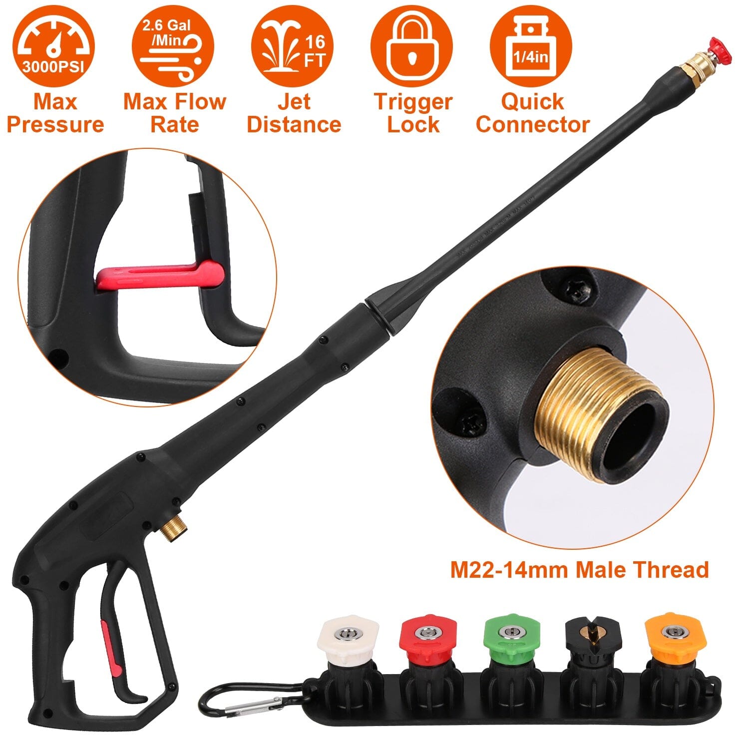 3000PSI Pressure Washer Gun Car Foam Sprayer with Jet Wand 5 Nozzle Tips M22-14 Connector Automotive - DailySale