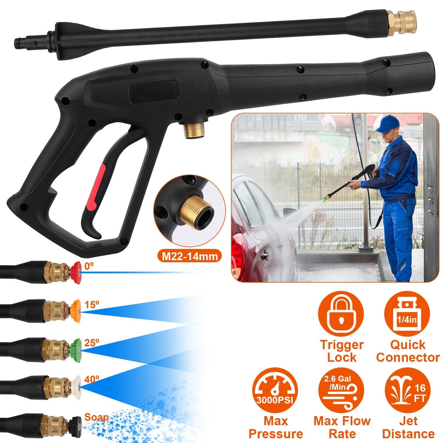 3000PSI Pressure Washer Gun Car Foam Sprayer with Jet Wand 5 Nozzle Tips M22-14 Connector Automotive - DailySale