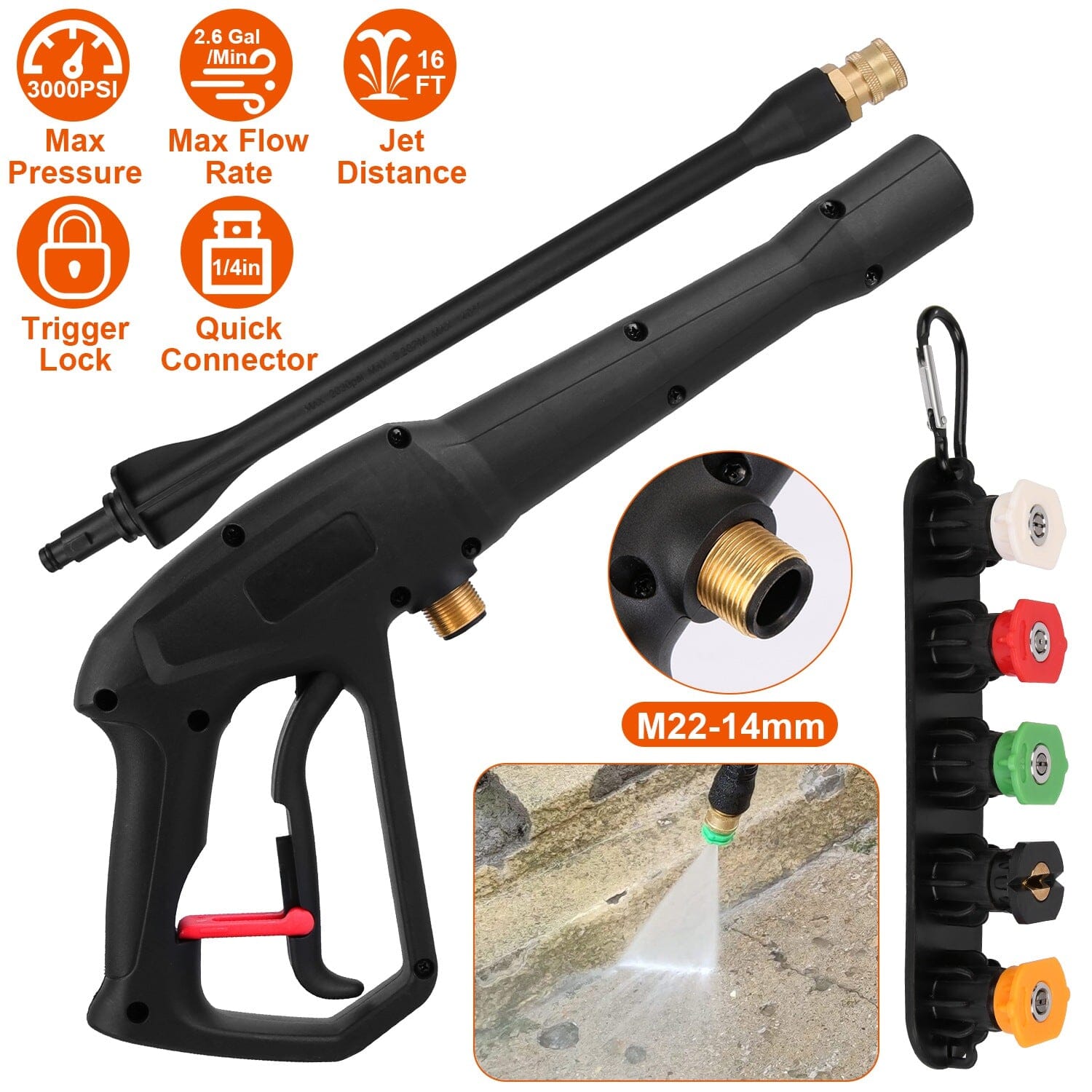 3000PSI Pressure Washer Gun Car Foam Sprayer with Jet Wand 5 Nozzle Tips M22-14 Connector Automotive - DailySale