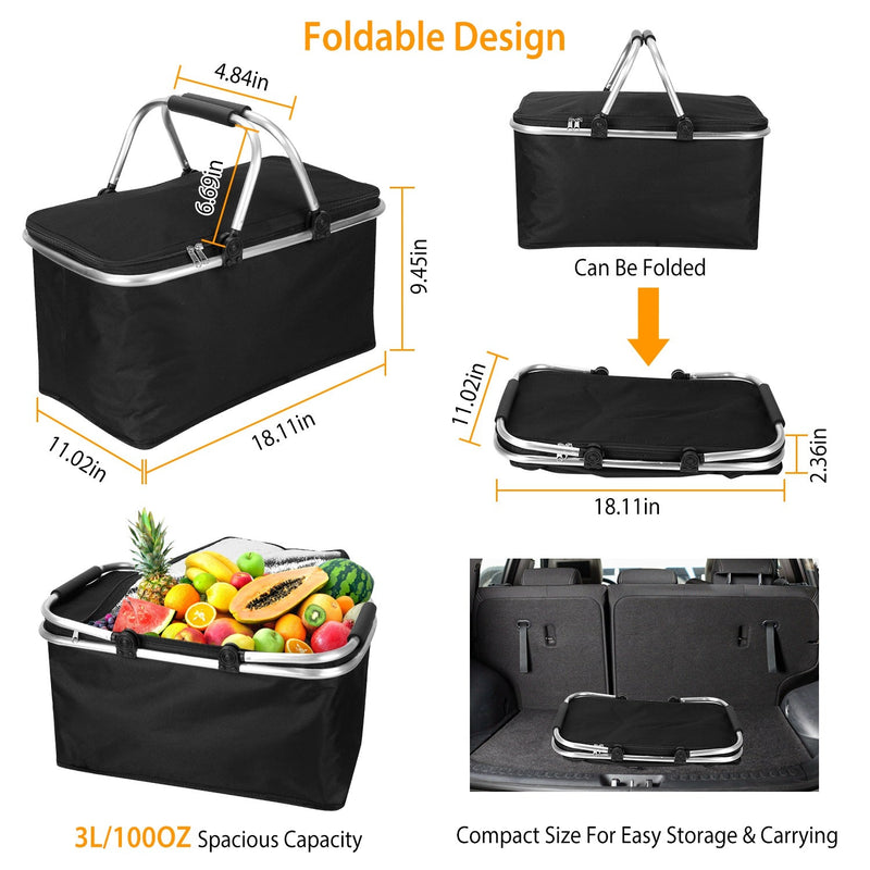 30L Insulated Picnic Basket Cooler Collapsible Food Delivery Storage Bags & Travel - DailySale