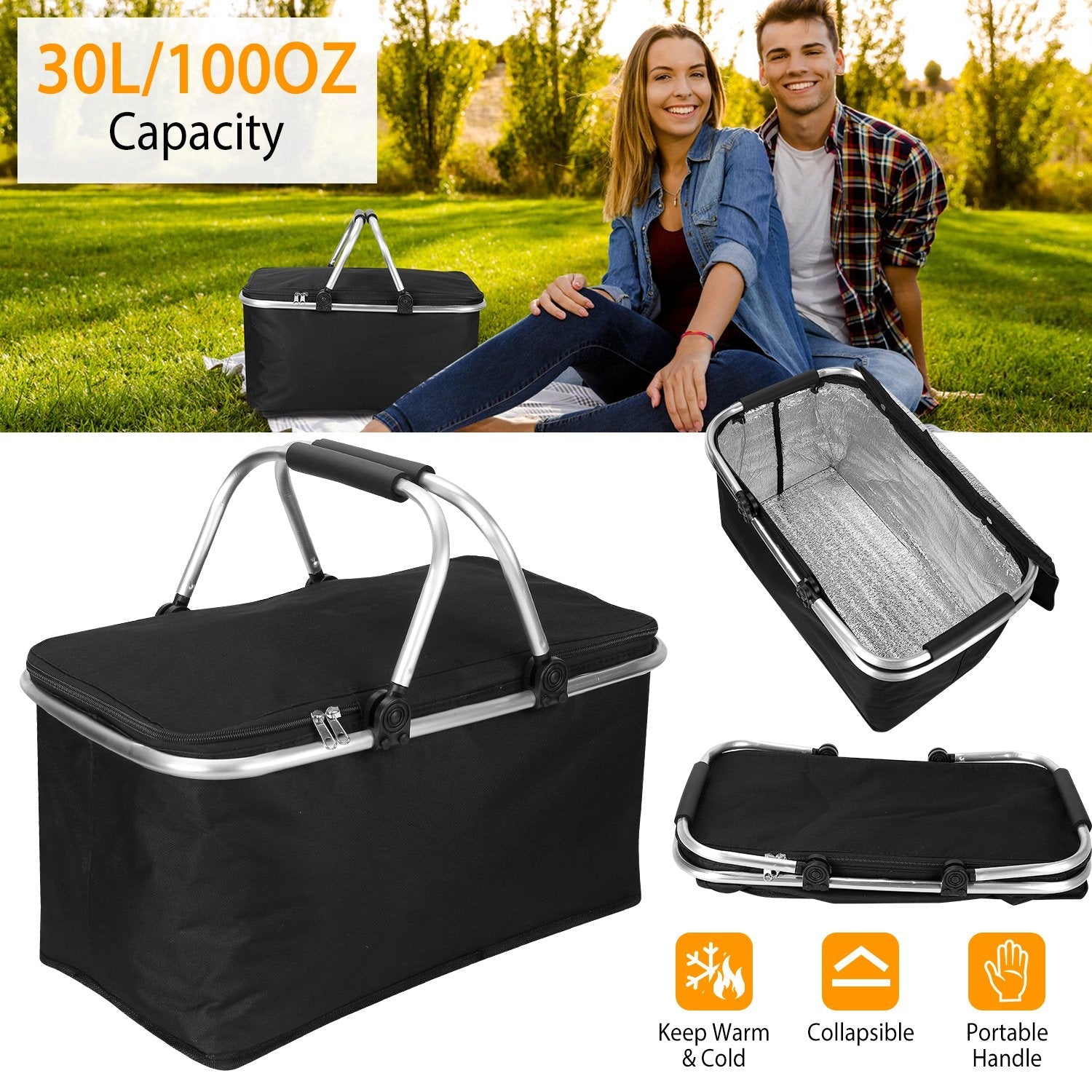 30L Insulated Picnic Basket Cooler Collapsible Food Delivery Storage Bags & Travel - DailySale