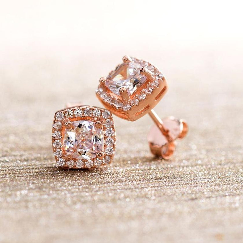 3.44 CTTW Halo Stud Princess Cut Earrings with Swarovski Elements - Rose Gold Jewelry - DailySale