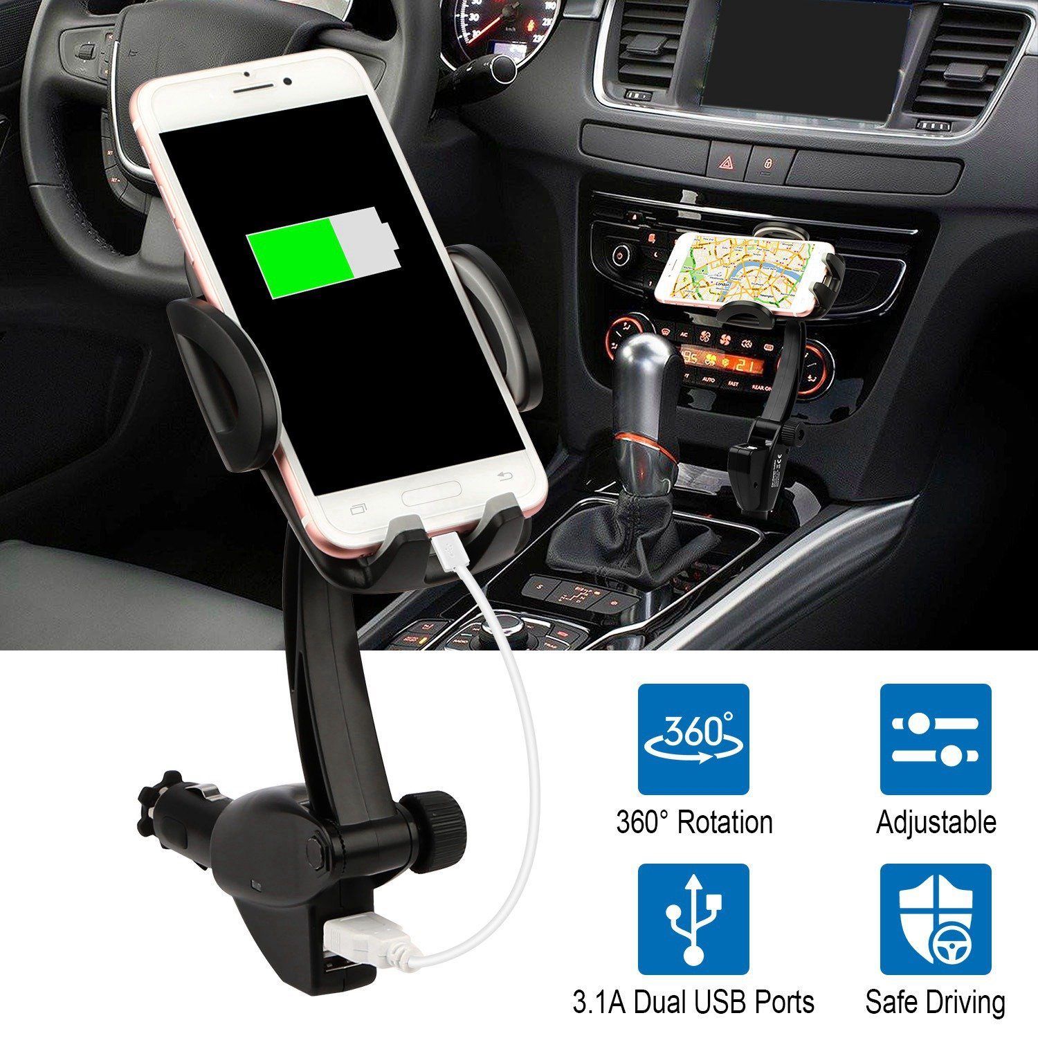 360° Dual USB Smartphone Mounting Car Charger Automotive - DailySale