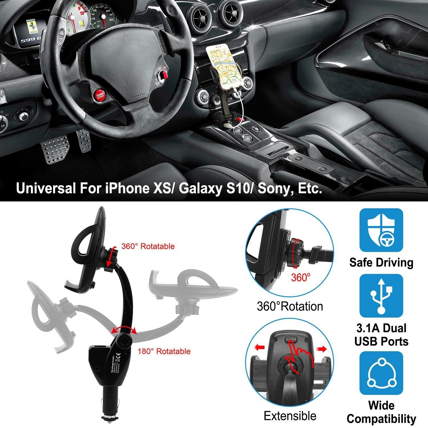 360° Dual USB Smartphone Mounting Car Charger Automotive - DailySale