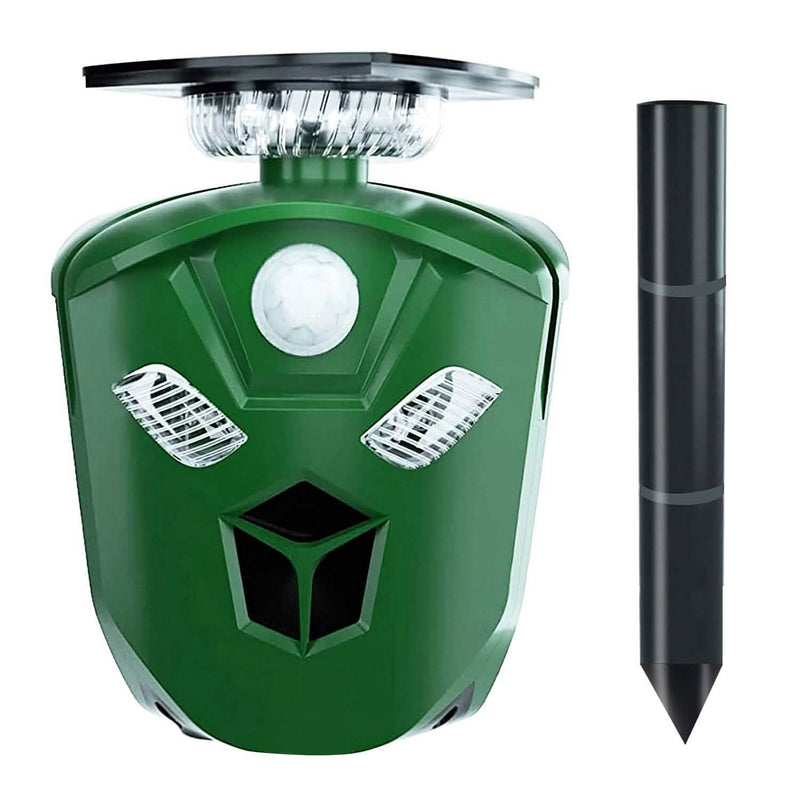 Back view of 360° Electric Solar Powered Ultrasonic Repeller with Motion Sensor LED Flashing Lights with mounting spike detached