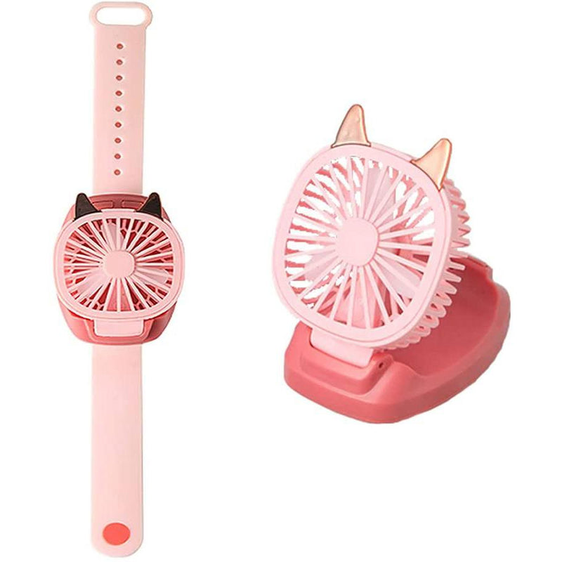 360°Rotation Kids Portable Wrist Strap Mini Watch Hand Held Fan Cat Design Sports & Outdoors Pink - DailySale