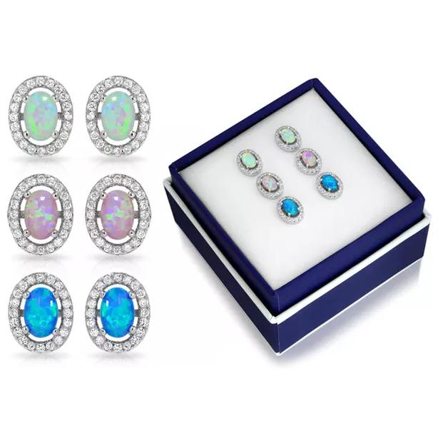 3CTW Oval Halo White, Blue, Pink Trio Opal Stud Earring Set Earrings - DailySale