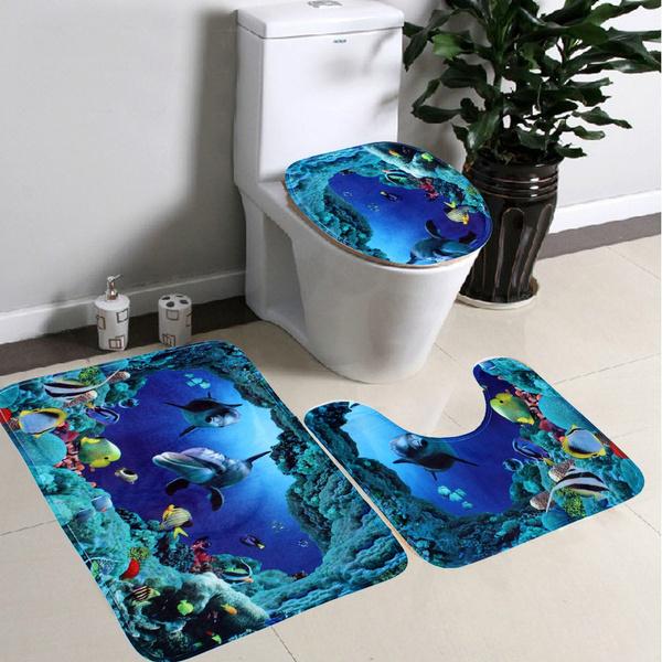 3D Printing Waterproof Shower Curtain Pedestal Rug Toilet Cover Bath Mat Set Bath - DailySale