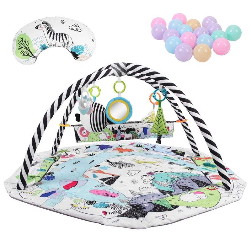 4-in-1 Baby Gym Play Mat Ball Pit with Pillow 18 Balls 9 Toys for 0-3 Years Old Baby - DailySale