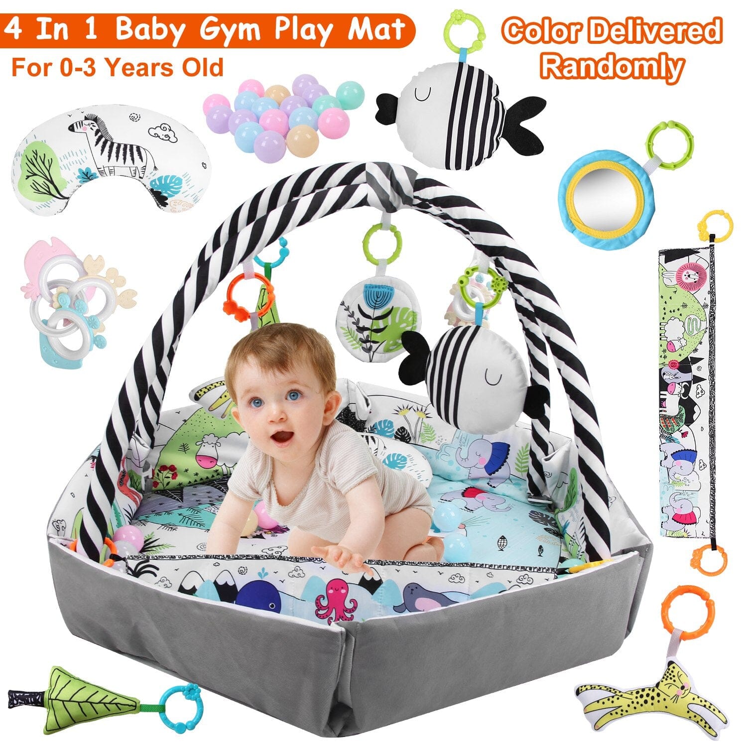 4-in-1 Baby Gym Play Mat Ball Pit with Pillow 18 Balls 9 Toys for 0-3 Years Old Baby - DailySale