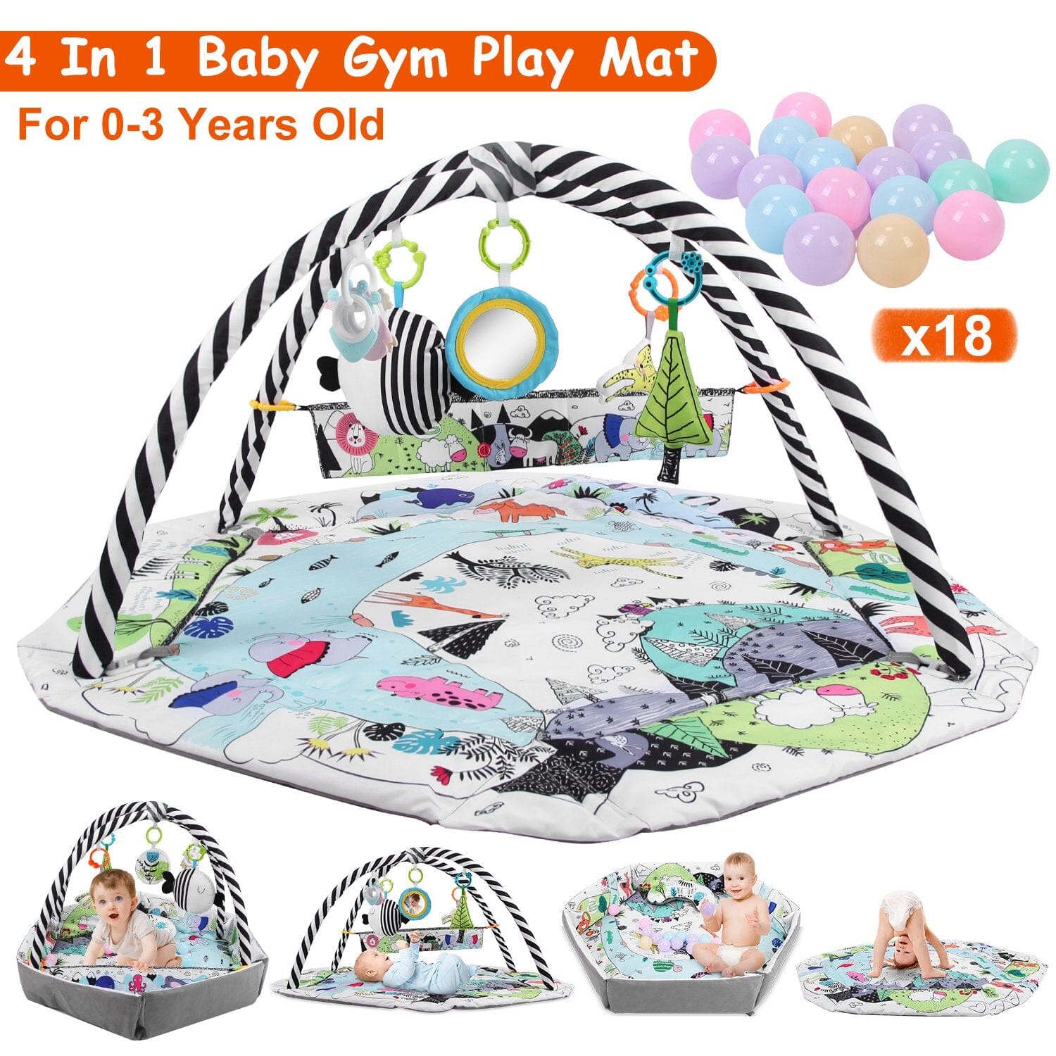 4-in-1 Baby Gym Play Mat Ball Pit with Pillow 18 Balls 9 Toys for 0-3 Years Old Baby - DailySale