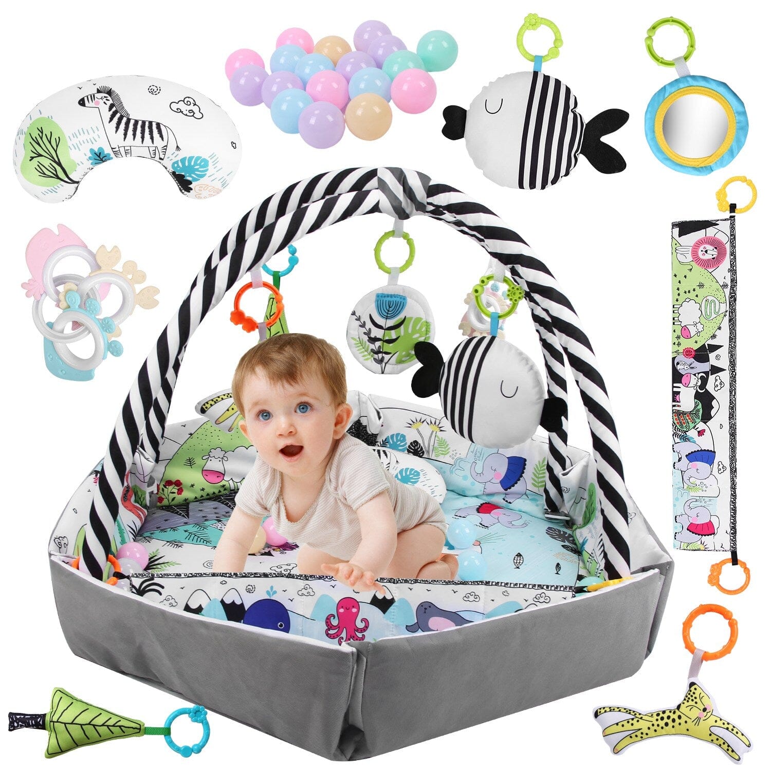 4-in-1 Baby Gym Play Mat Ball Pit with Pillow 18 Balls 9 Toys for 0-3 Years Old Baby - DailySale