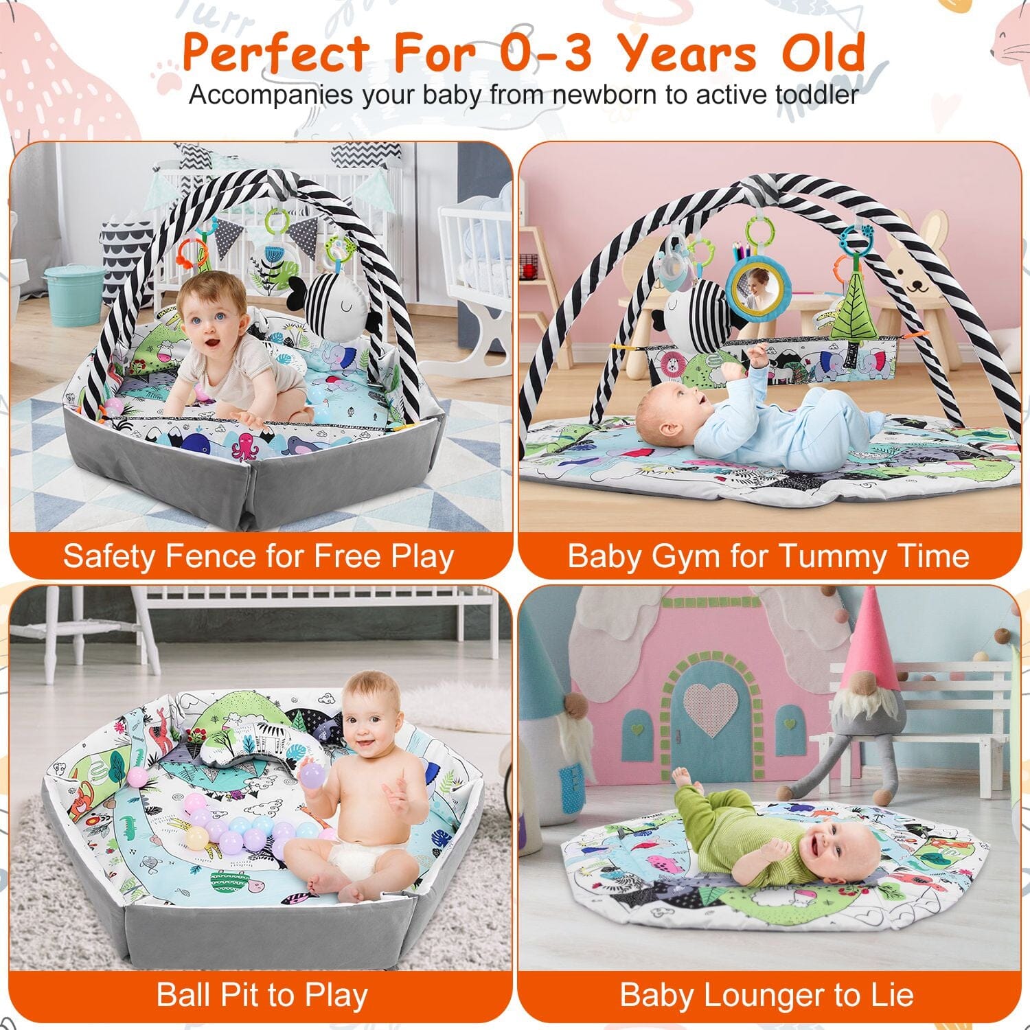 4-in-1 Baby Gym Play Mat Ball Pit with Pillow 18 Balls 9 Toys for 0-3 Years Old Baby - DailySale