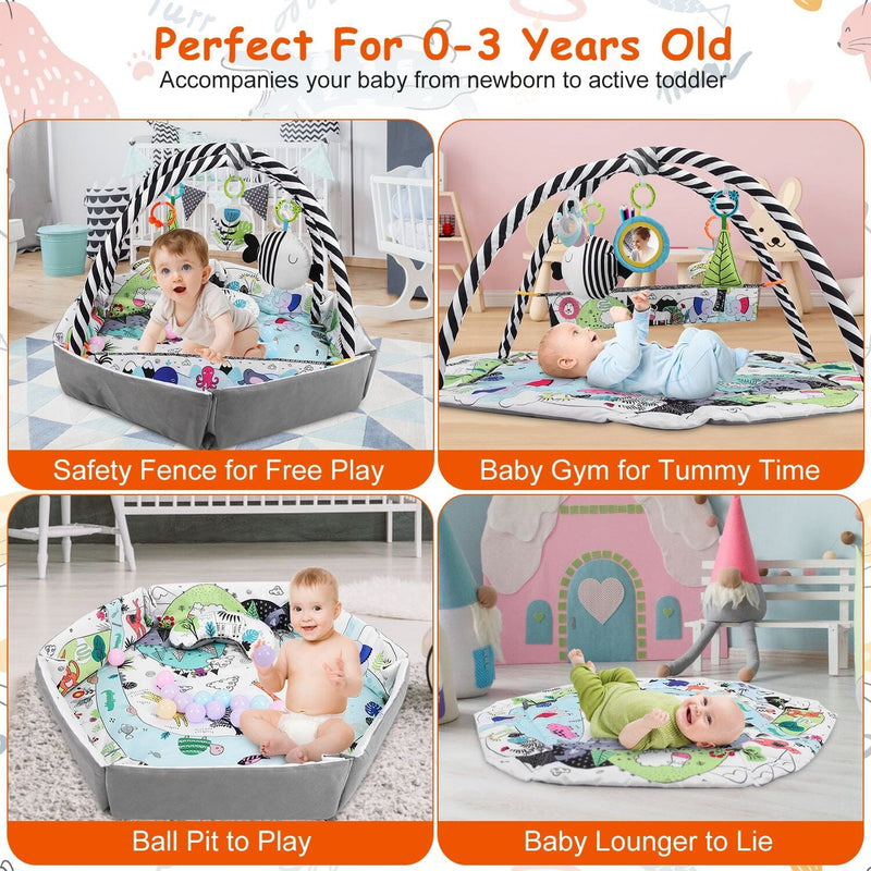 4-in-1 Baby Gym Play Mat Ball Pit with Pillow 18 Balls 9 Toys for 0-3 Years Old Baby - DailySale