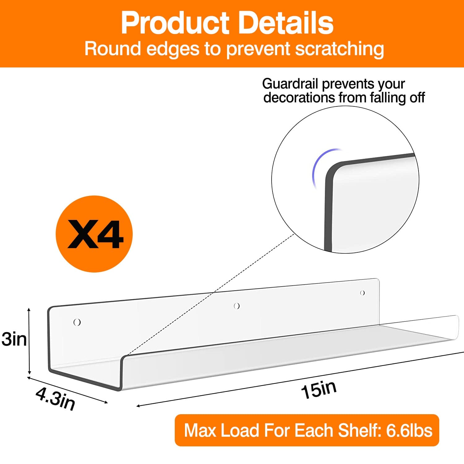 4-Pack: 15 inches Clear Acrylic Floating Shelves with 2 Mounting Ways Closet & Storage - DailySale