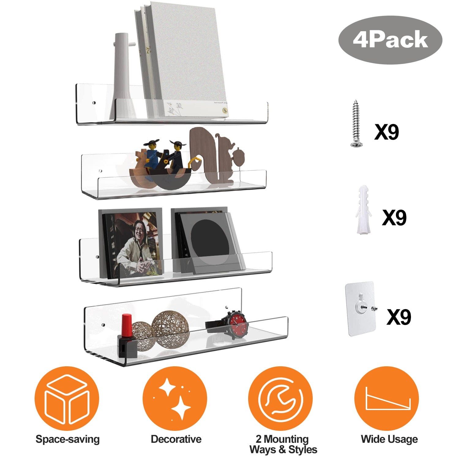 4-Pack: 15 inches Clear Acrylic Floating Shelves with 2 Mounting Ways Closet & Storage - DailySale