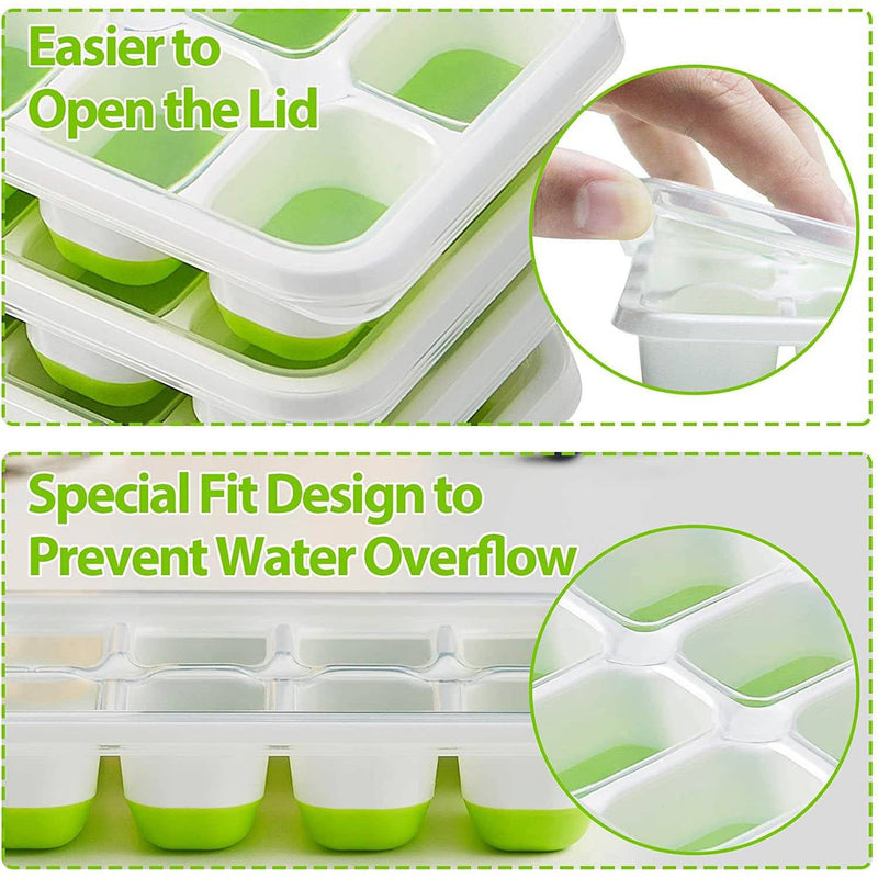 DailySale 4-Pack: Easy-Release Silicone & Flexible 14-Ice Cube Trays with Spill-Resistant Removable Lid | Green