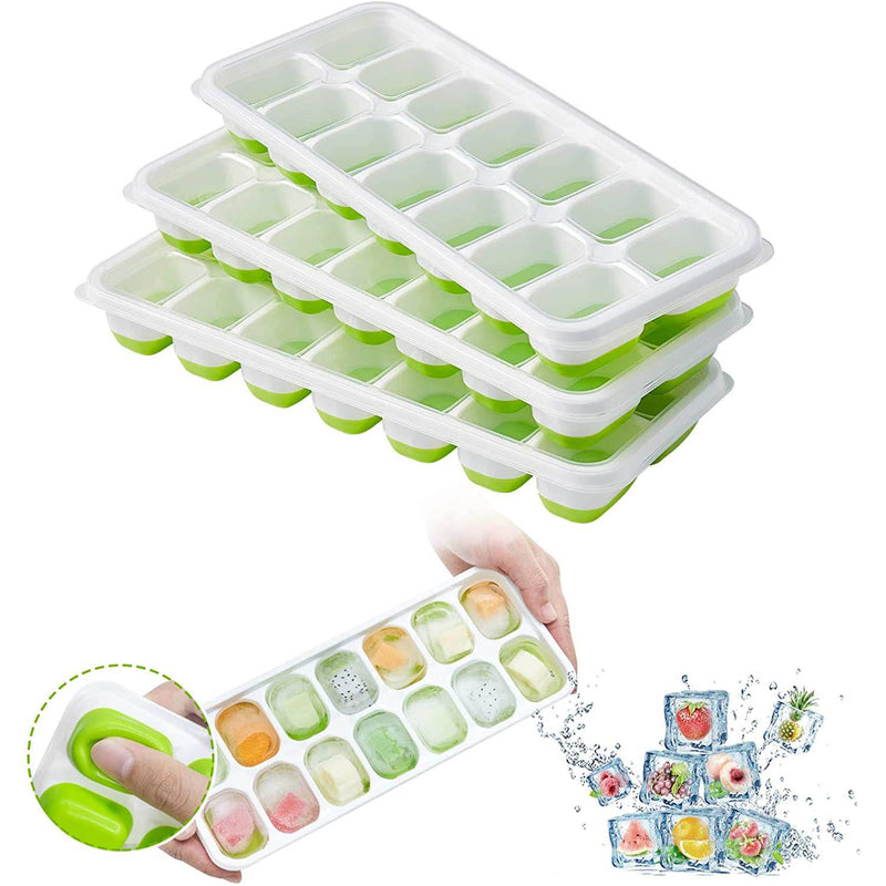 DailySale 4-Pack: Easy-Release Silicone & Flexible 14-Ice Cube Trays with Spill-Resistant Removable Lid | Green