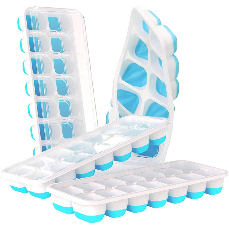 4-Pack: Easy-Release Silicone & Flexible 14-Ice Cube Trays with Spill-Resistant Removable Lid Kitchen & Dining Light Blue - DailySale