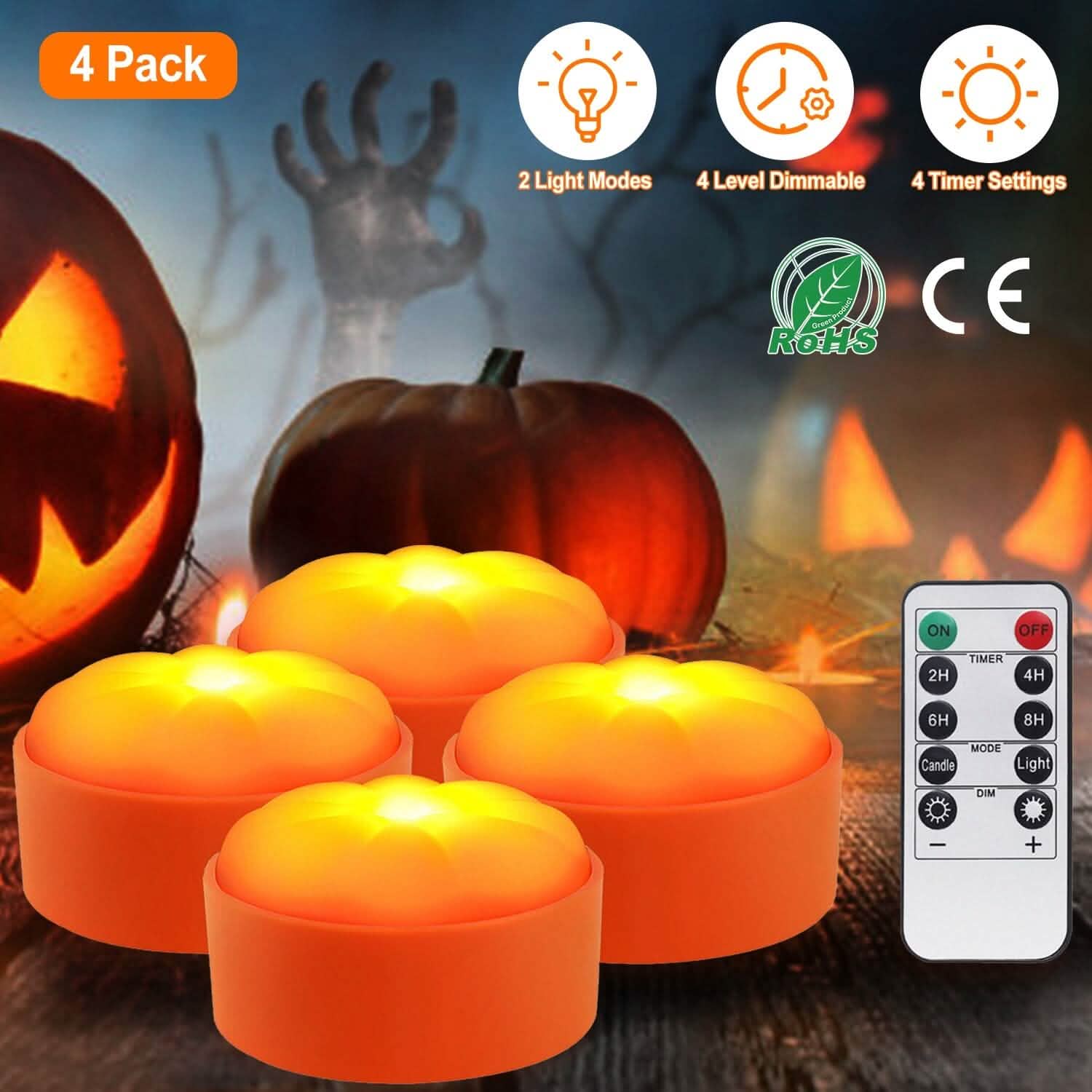 4-Pack: Halloween LED Pumpkin Lights Battery Operated with 2 Light Modes 4 Timer Setting Holiday Decor & Apparel - DailySale