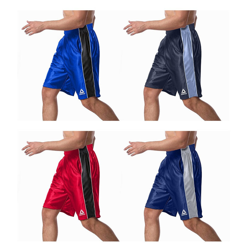 Man in a running pose appearing multiple times while modelling the Reebok Men's Two Toned Athletic Performance Dazzle Shorts With Pockets in each of its four colors