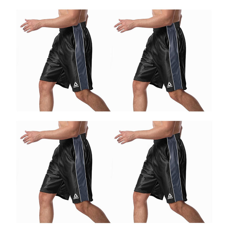 Man in a running pose modelling a pair of black shorts from the Reebok Men's Two Toned Athletic Performance Dazzle Shorts With Pockets 4-Pack