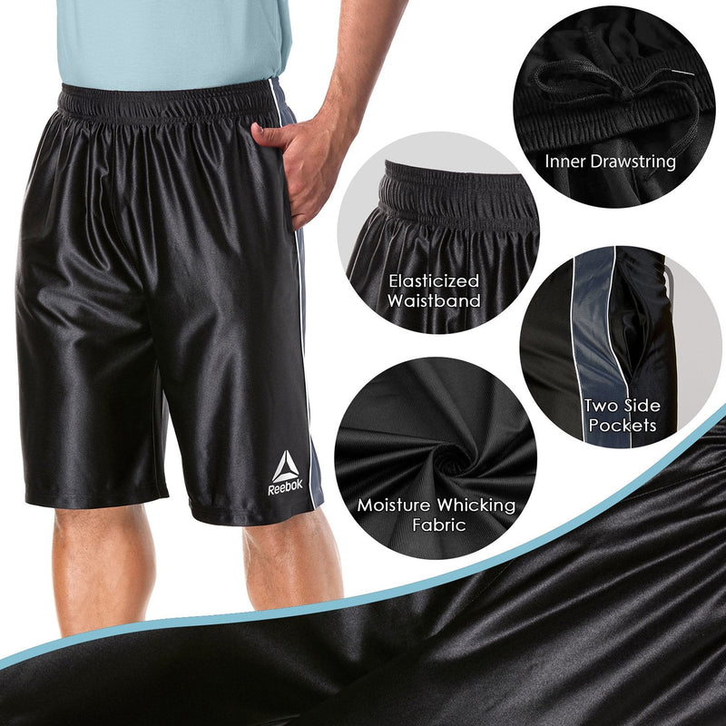Man with one hand in his pocket modelling the Reebok Men's Two Toned Athletic Performance Dazzle Shorts With Pockets in black plus four insets showing various product features, such as inner drawstring, elasticized waistband, moisture whicking, and two side pockets