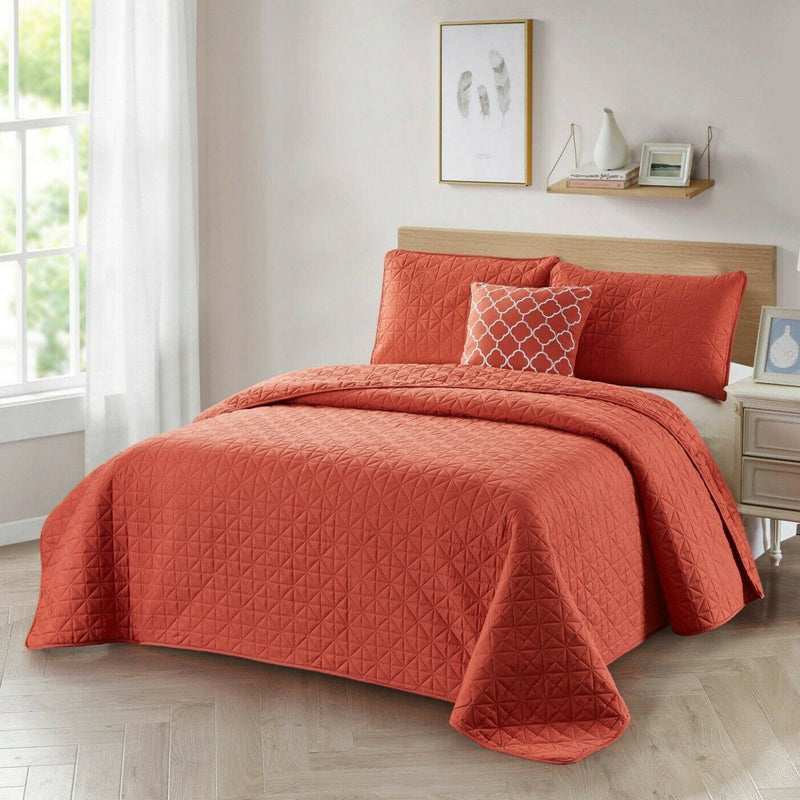 4-Piece: Bibb Home Solid Reversible Quilt Set with Embroidered Cushion Bedding Coral Twin - DailySale
