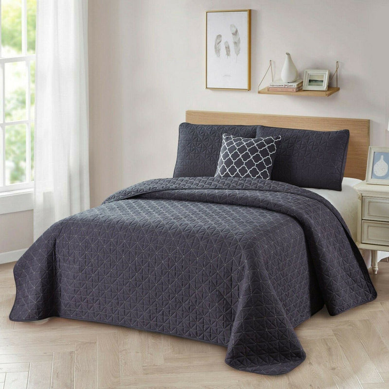4-Piece: Bibb Home Solid Reversible Quilt Set with Embroidered Cushion Bedding Gray Twin - DailySale