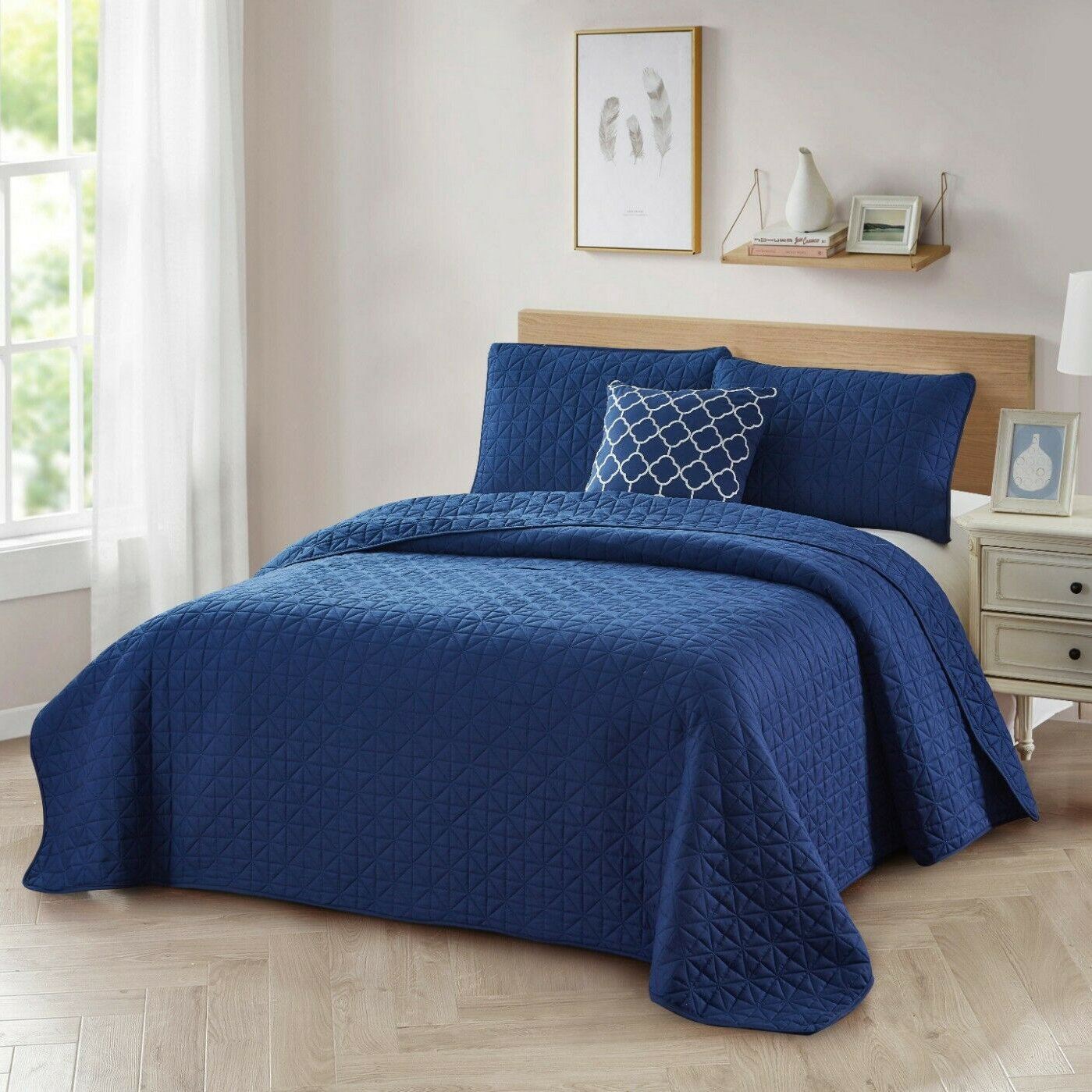 4-Piece: Bibb Home Solid Reversible Quilt Set with Embroidered Cushion Bedding Navy Twin - DailySale