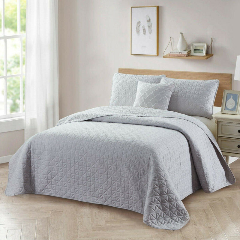 4-Piece: Bibb Home Solid Reversible Quilt Set with Embroidered Cushion Bedding Silver Twin - DailySale