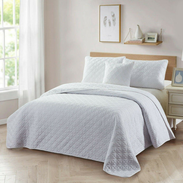 4-Piece: Bibb Home Solid Reversible Quilt Set with Embroidered Cushion Bedding White Twin - DailySale
