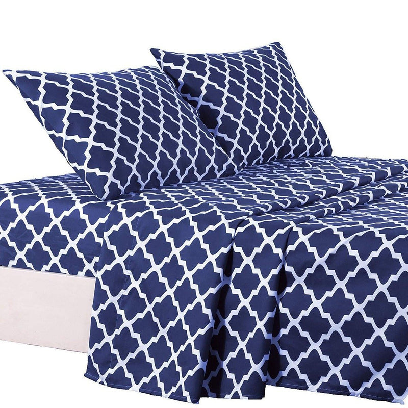 4-Piece: Lux Decor Collection Quatrefoil Sheet Set Linen & Bedding Navy Twin - DailySale