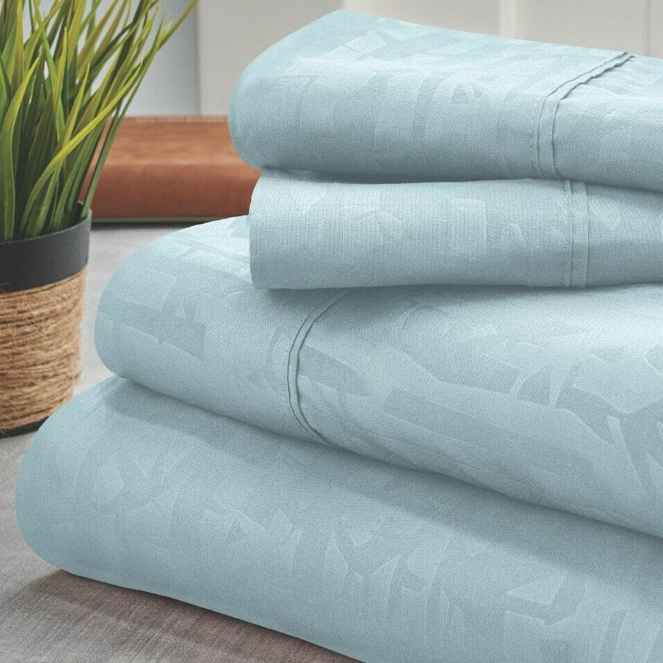 4-Piece Set: Bamboo 1800 Count Embossed Design Linen & Bedding Queen Aqua - DailySale