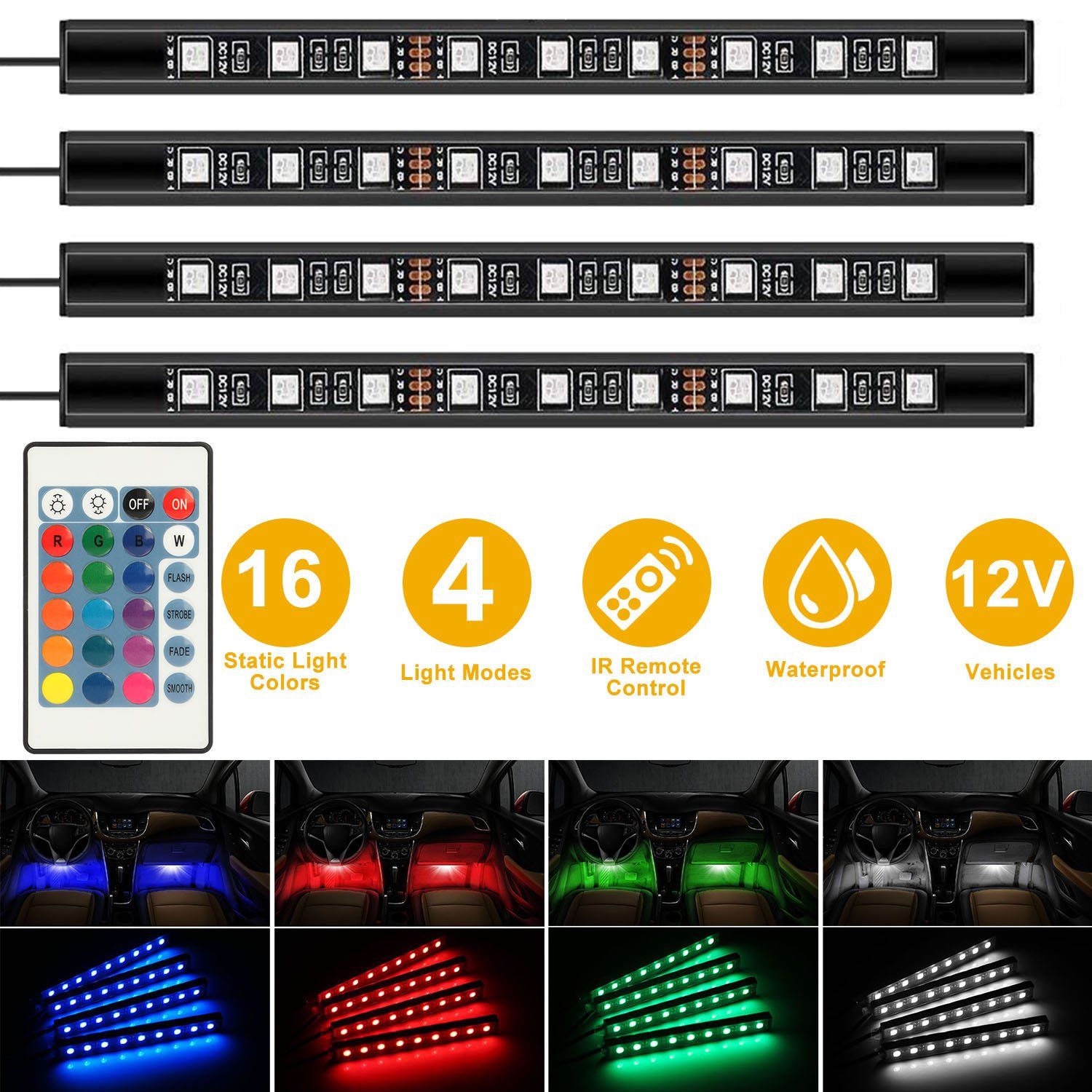 4-Pieces: 36 LEDs 12V Car Atmosphere Light Strip Automotive - DailySale