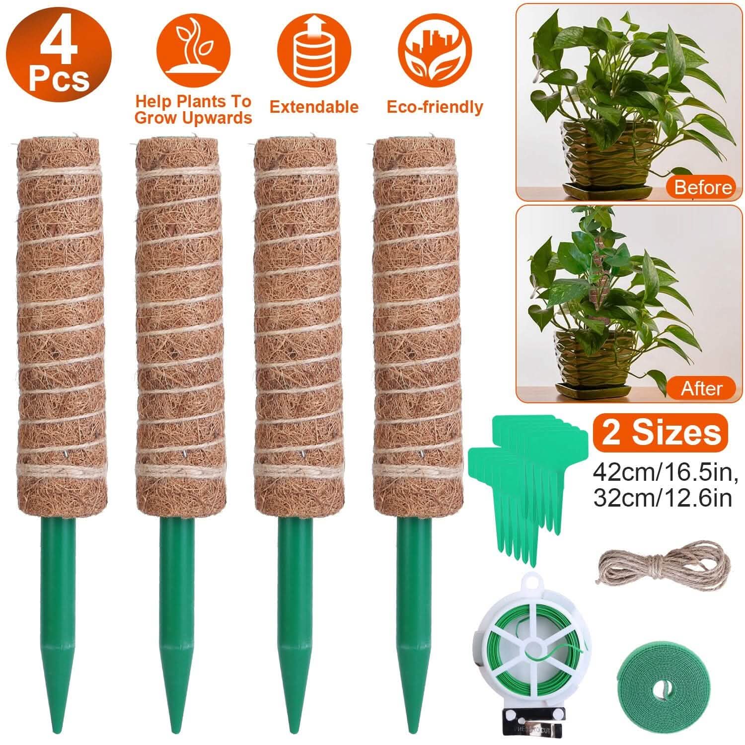coir vs moss pole 4-Pieces: Coco Coir Extendable Moss Pole for Climbing