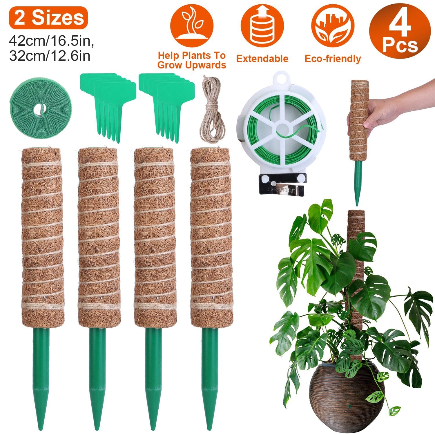 4-Pieces: Coco Coir Extendable Moss Pole for Climbing Plants Garden & Patio - DailySale