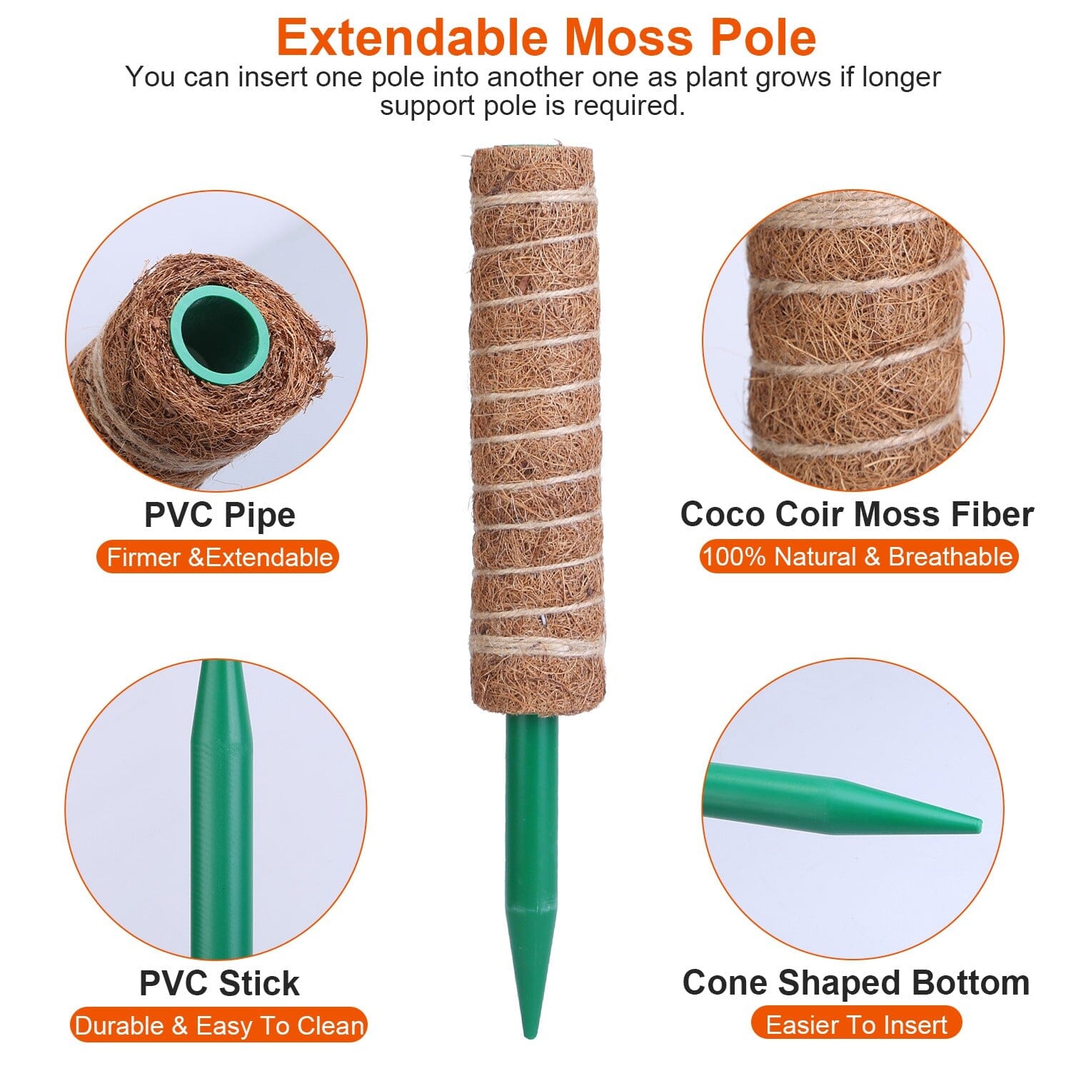 4-Pieces: Coco Coir Extendable Moss Pole for Climbing Plants Garden & Patio - DailySale