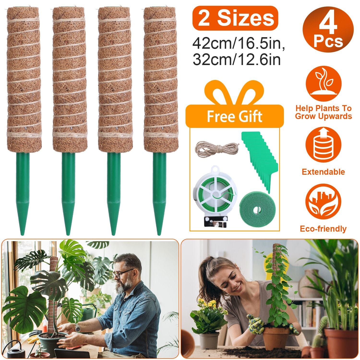 4-Pieces: Coco Coir Extendable Moss Pole for Climbing Plants Garden & Patio - DailySale